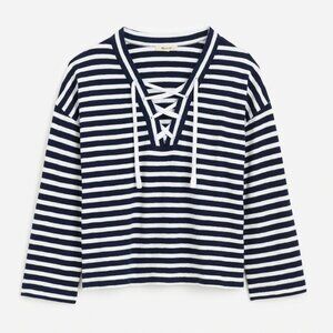 NWT Madewell Women’s Lace-Up Long-Sleeve Tee in Stripe, Size L